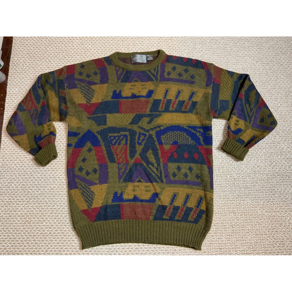 Vintage Alvin Jose Geometric Abstract Knit Sweater Mens 2X Olive 90's  grandpa